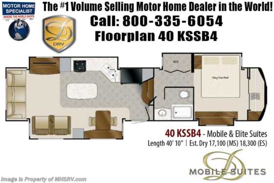 2021 DRV Elite Suites 40KSSB4 W/ Truma, King, WiFi, Fireplace, Fiberglass Roof Floorplan