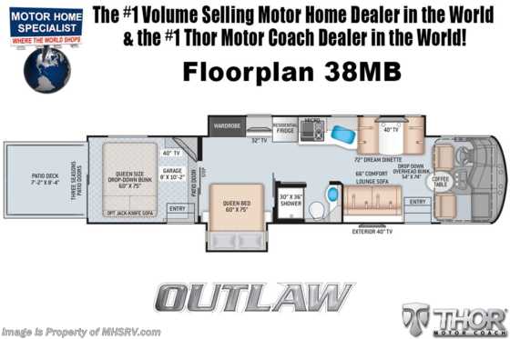 2021 Thor Motor Coach Outlaw Toy Hauler 38MB Toy Hauler RV W/ Dual Pane, Garage Sofas Floorplan