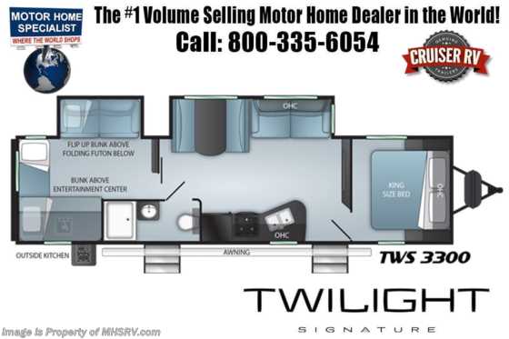 2021 Twilight RV TWS 3300 Bunk Model W/ Ext Kitchen, Pwr Stabilizers, King &amp; 2 A/Cs Floorplan
