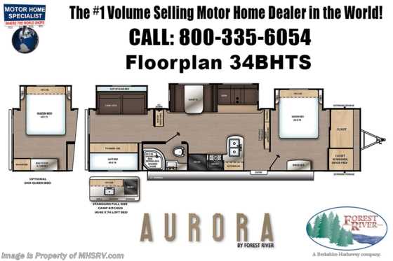 2021 Forest River Aurora 34BHTS Bunk Model W/ Pwr Tongue Jack, 2nd A/C Prep Floorplan