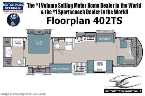 2021 Sportscoach Sportscoach 402TS Two Full Bath Bunk Model W/  Theater Seats, King, W/D Floorplan