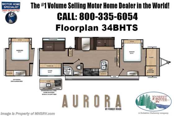 2021 Forest River Aurora 34BHTS Bunk Model W/ Pwr Tongue Jack, 2nd A/C Prep, Fireplace Floorplan