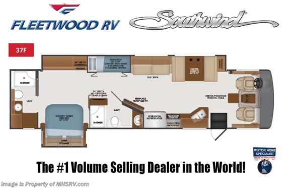 2021 Fleetwood Southwind 37F 2 Full Bath Bunk Model W/ Theater Seats, W/D, King & Sumo Springs Floorplan