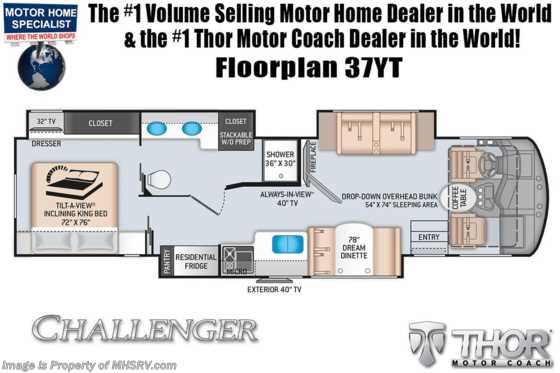 2021 Thor Motor Coach Challenger 37YT W/ Tilt-A-View King, OH Loft, Ext TV, Res Fridge Floorplan