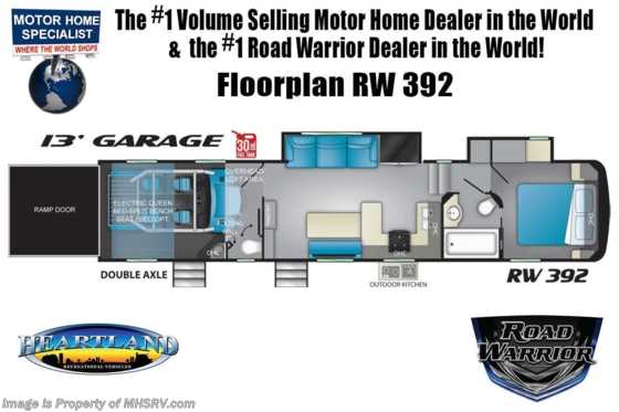 2021 Heartland RV Road Warrior 392RW Luxury Toy Hauler RV for Sale - Bath &amp; 1/2, 3 A/Cs, King Bed, Garage Wall, Mor/Ryde Pin Box Floorplan
