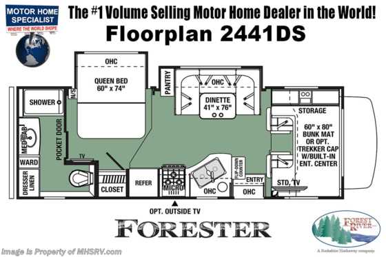 2021 Forest River Forester 2441DS W/ Cab Over Ent Center, 15K A/C, Solar, Ext TV, Auto Jacks, FBP Floorplan