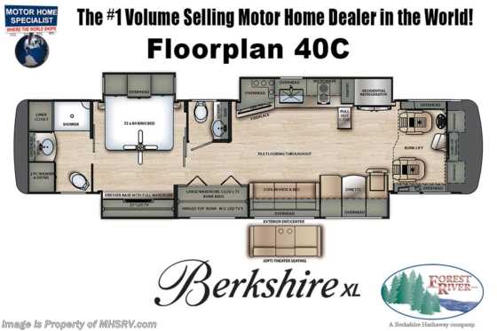 2021 Forest River Berkshire XL 40C -380 Bath &amp; 1/2 Bunk Model W/ King, 3 A/Cs, W/D &amp; Satellite Floorplan