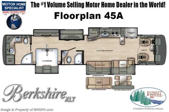2021 Forest River Berkshire XLT 45A 2 Full Bath Bunk Model W/ King, Dishwasher, W/D &amp; Sat Floorplan