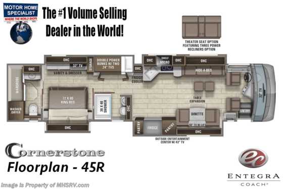 2021 Entegra Coach Cornerstone 45R Bunk Model Bath and 1/2 W/605HP, Solar, King Bed, Stonewall Gray Floorplan