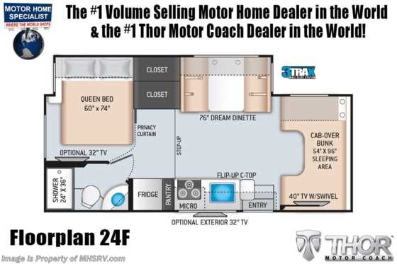 2021 Thor Motor Coach Four Winds 24F W/ Home Collection, Solar, 15K A/C, Ext TV, Bedroom TV Floorplan