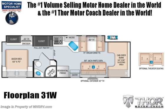 2021 Thor Motor Coach Four Winds 31W W/ Theater Seats, 2 A/Cs, Solar, FBP, Home Collection, MORryde© Suspension Floorplan