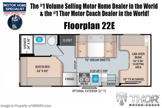 2021 Thor Motor Coach Four Winds 22E W/ Heated Mirrors, Ext TV, 15K A/C, Leatherette D/P Chairs Floorplan
