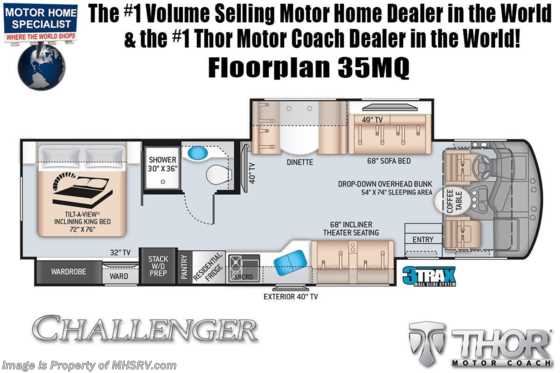 2021 Thor Motor Coach Challenger 35MQ W/ Theater Seats, King Bed, OH Loft, Exterior TV Floorplan