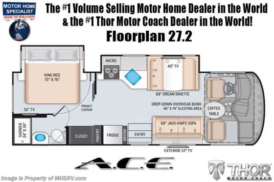 2021 Thor Motor Coach A.C.E. 27.2 Pet Friendly RV W/ Home Collection, King, OH Loft, Solar Floorplan
