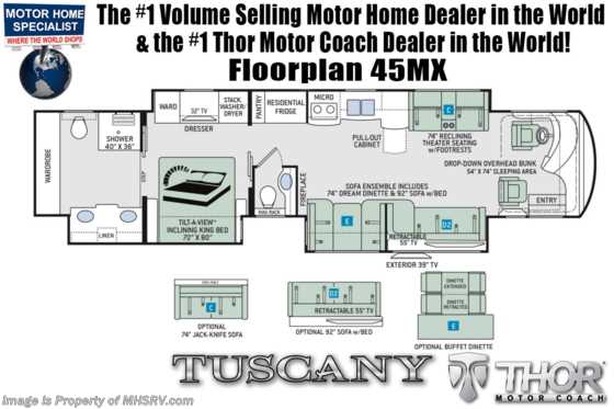 2021 Thor Motor Coach Tuscany 45MX Luxury Bath &amp; 1/2 W/ OH Loft, 450HP, Diesel Gen, Stack W/D &amp; Studio Collection Floorplan