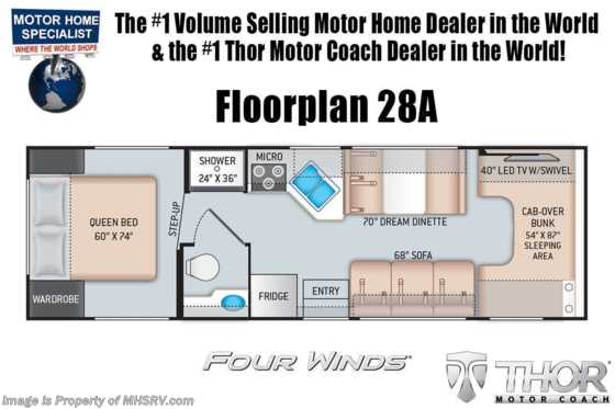 2021 Thor Motor Coach Four Winds 28A Home Collection™ Series W/39&quot; TV, 3-Camera System, Dual Ovens, MEGA-Storage® &amp; More! Floorplan
