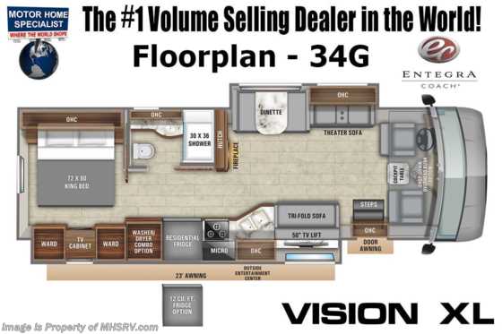 2021 Entegra Coach Vision XL 34G W/ OH loft, Combo W/D, Customer Value Pkg, Theater Seating Floorplan