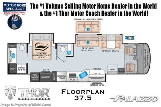 2021 Thor Motor Coach Palazzo 37.5 Bath &amp; 1/2 340HP W/ Theater Seats &amp; Studio Collection Floorplan