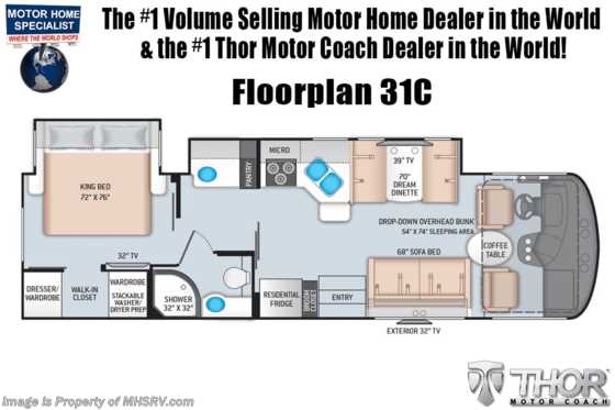 2021 Thor Motor Coach Hurricane 31C W/ OH Loft, King Bed, MAX PACK, Solar & Exterior TV Floorplan
