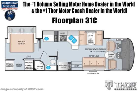 2021 Thor Motor Coach Hurricane 31C W/ OH Loft, King Bed, MAX PACK, Solar &amp; Exterior TV Floorplan