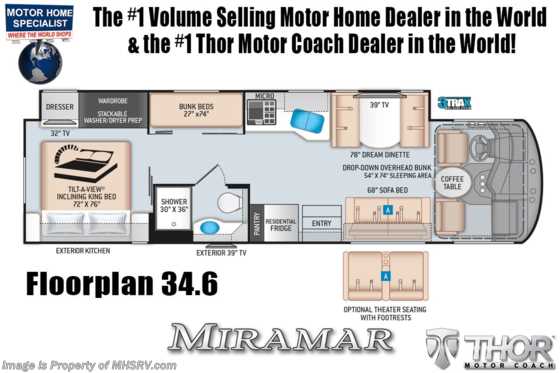 2021 Thor Motor Coach Miramar 34.6 Bunk Model W/ Theater Seats, Dual Pane Windows, FBP Floorplan
