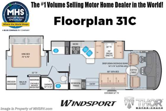 2023 Thor Motor Coach Windsport 31C W/ MAX PACK, OH Loft, King Bed, Exterior TV, Solar Floorplan