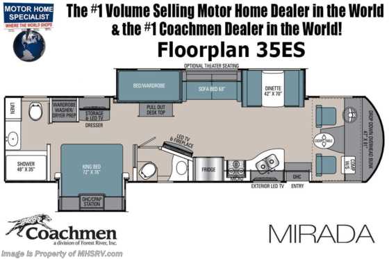2022 Coachmen Mirada 35ES Bath &amp; 1/2 Bunk Model W/B-O-W Living System, King Bed, Stack W/D, Solar, Fireplace &amp; More! Floorplan