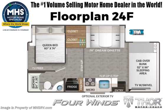 2023 Thor Motor Coach Four Winds 24F W/ 15K A/C, Ext TV, Heated Remote Mirrors, Bedroom TV Floorplan