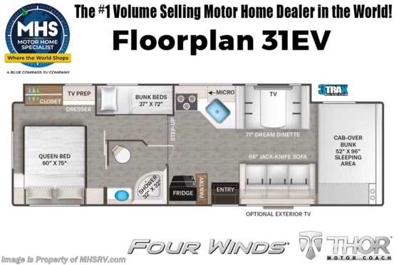 2023 Thor Motor Coach Four Winds 31EV &quot;Victory Series&quot; Ford® V8, Bunk House 2 A/Cs, MORryde© Suspension Floorplan