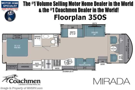 2022 Coachmen Mirada 35OS W/ Theater Seats, King Bed w/ Storage System, Stack W/D, Ext TV & More! Floorplan