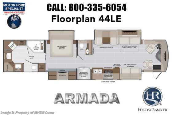 2021 Holiday Rambler Armada 44LE Bath &amp; 1/2, Aqua-Hot®, Tech Pkg, Hide-a-Loft™, Girard® Awning Package &amp; More! Floorplan