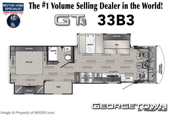 2022 Forest River Georgetown GT3 33B3 Bunk Model RV W/ Theater Seating, King Bed, Auto Jacks &amp; Bedroom TV Floorplan