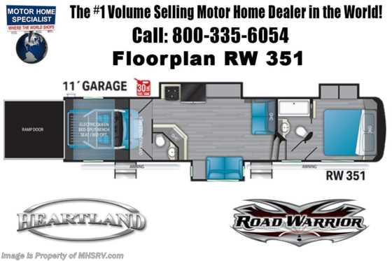 2021 Heartland RV Road Warrior 351RW Luxury Toy Hauler RV for Sale - Bath &amp; 1/2, Bedroom TV &amp; Garage Wall Floorplan