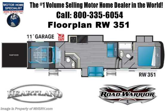 2021 Heartland RV Road Warrior 351RW Luxury Toy Hauler RV for Sale - Bath &amp; 1/2, 3 A/Cs, Bedroom TV &amp; Garage Wall Floorplan