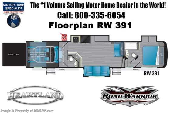2021 Heartland RV Road Warrior 391RW Luxury Toy Hauler RV for Sale - Bath &amp; 1/2, Bedroom TV &amp; Garage Wall Floorplan