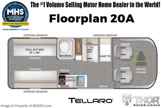 2023 Thor Motor Coach Tellaro 20A W/ New 9 Speed Tranmission, Power Pack, Pop-Top Sky Bunk, Large Digital Display, Truma &amp; More Floorplan