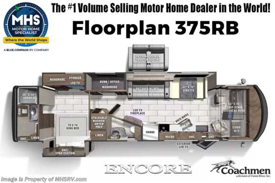 2023 Coachmen Encore 375RB Bath &amp; 1/2 Bunk Model W/B-O-W Living System, King Bed w/ Storage System, Fireplace, Stack W/D &amp; More! Floorplan