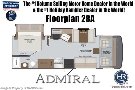 2021 Holiday Rambler Admiral 28A Class A Gas RV W/ Theater Seats, King Bed &amp; Ext. TV Floorplan