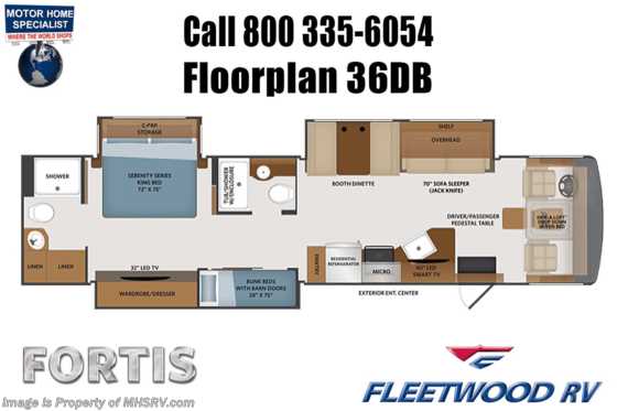 2021 Fleetwood Fortis 36DB 2 Full Bath Bunk Model W/ Oceanfront Collection, King Bed, W/D, Pwr Driver Seat Floorplan