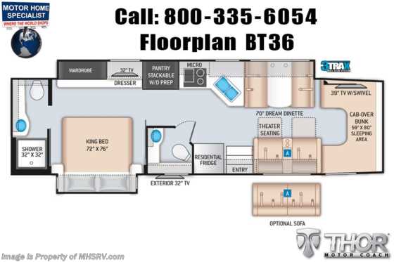 2022 Thor Motor Coach Omni BT36 4x4 Bath & 1/2 330HP Diesel Super C  W/Sleeper Sofa, King Bed & FBP Floorplan