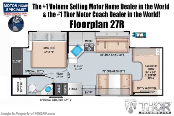 2023 Thor Motor Coach Chateau 27R W/ King Bed, Ext TV, Upgraded A/C, Bedroom TV Floorplan