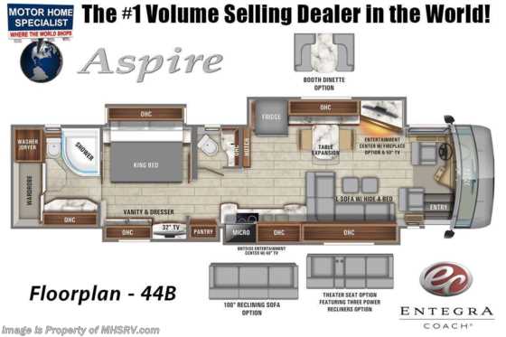 2022 Entegra Coach Aspire 44B Bath &amp; 1/2 W/ Reclining Sofa, Fireplace, Valid Digital Dash &amp; Solar Floorplan