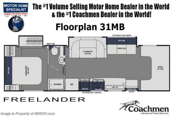 2021 Coachmen Freelander  31MB MUST SEE! LIMITED EDITION FEATURES! W/LED Decor Lights, 2 A/Cs, Theater Seats, 3-Cam, Fireplace, Jacks, Special Ext &amp; More! Floorplan
