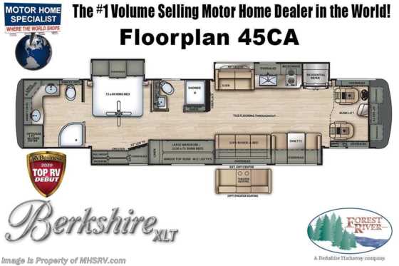 2021 Forest River Berkshire XLT 45CA 2 Full Bath Bunk Model W/ Theater Seats, King, Sat, Dishwasher & Stack W/D Floorplan