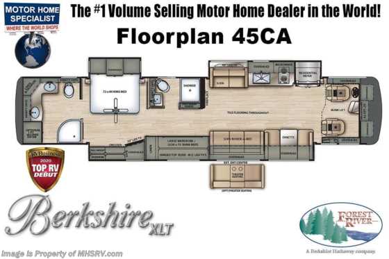 2021 Forest River Berkshire XLT 45CA 2 Full Bath Bunk Model W/ Theater Seats, King Bed, Dishwasher &amp; Stack W/D Floorplan