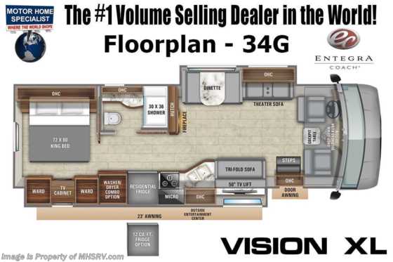 2022 Entegra Coach Vision XL 34G W/ OH loft, Combo W/D, Customer Value Pkg, Theater Seats Floorplan