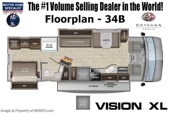 2022 Entegra Coach Vision XL 34B W/ Reclining Sofa, OH Loft, W/D, Customer Value Pkg Floorplan