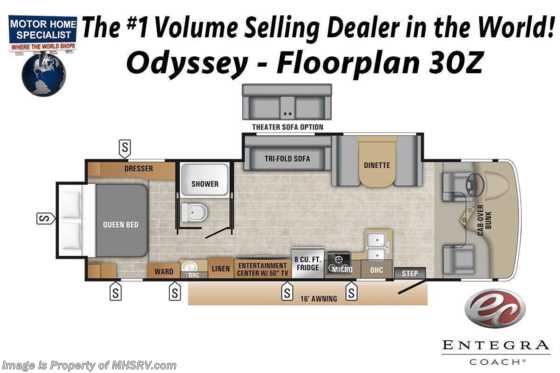 2022 Entegra Coach Odyssey 30Z W/ Bedroom TV, Customer Value Pkg, Auto Jacks, 2 A/Cs, Solar Floorplan
