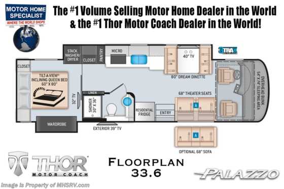 2022 Thor Motor Coach Palazzo 33.6 Diesel Pusher W/Pwr OH Loft, Theater Seats, 3 Cameras Floorplan