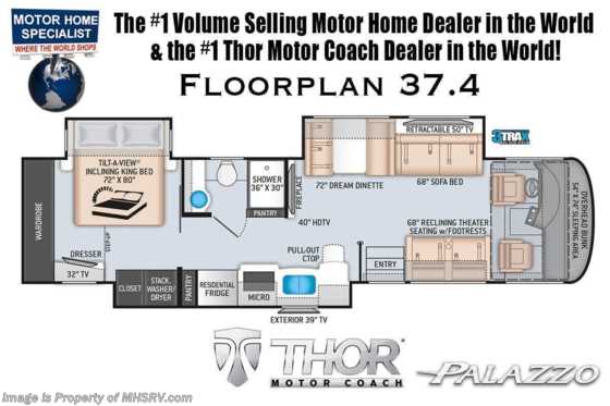 2022 Thor Motor Coach Palazzo 37.4 W/ Theater Seats, 340HP, King Bed Floorplan